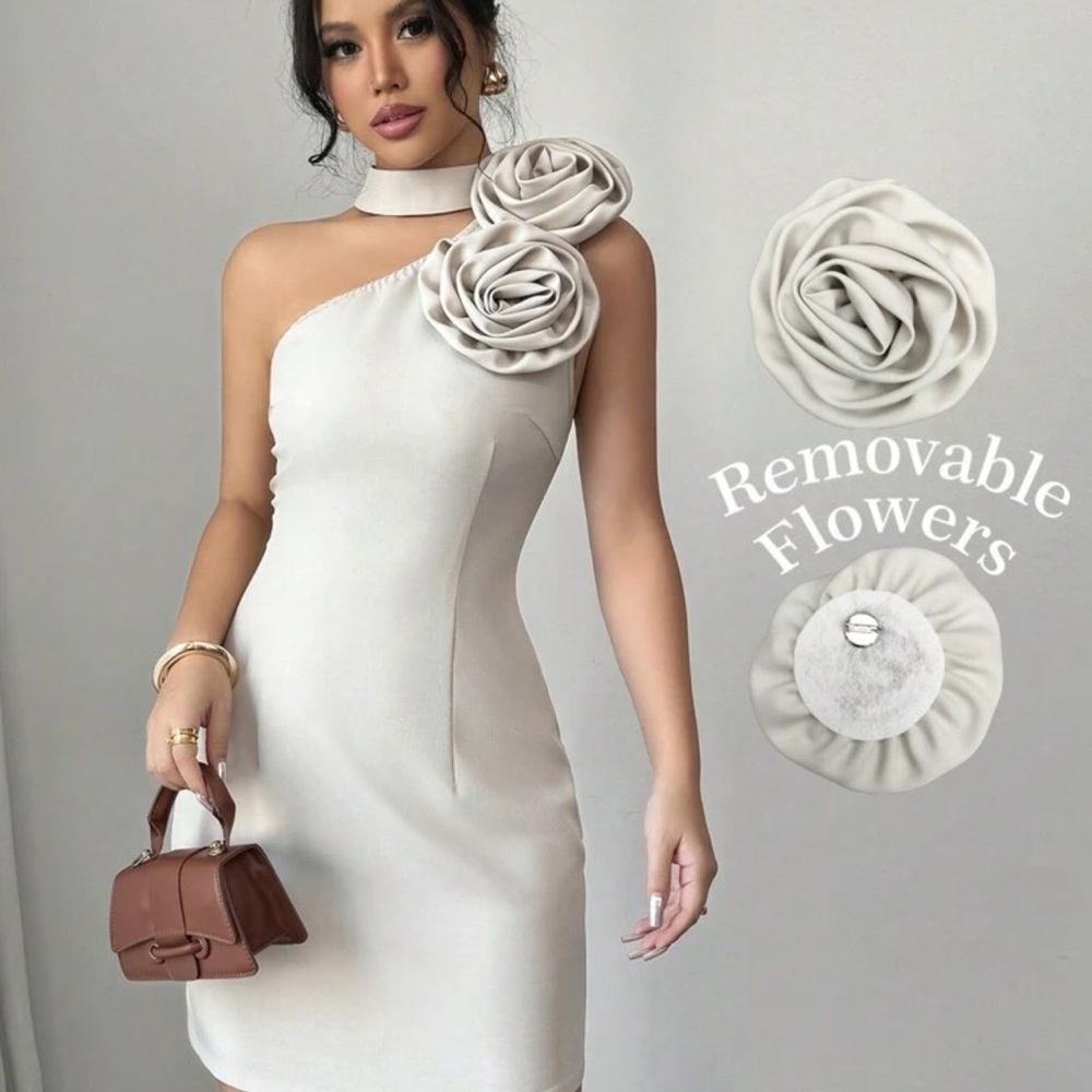 SHEIN Cream Asymmetrical Embellished Cocktail Dress